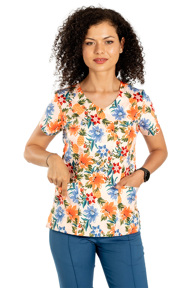 Lekársky župan s kvetinovou potlačou a tromi našitými vreckami 