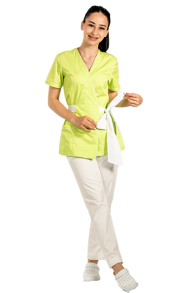 Lekárske kimono s bielym lemovaním, motýlikovou šnúrkou a elastickými nohavicami