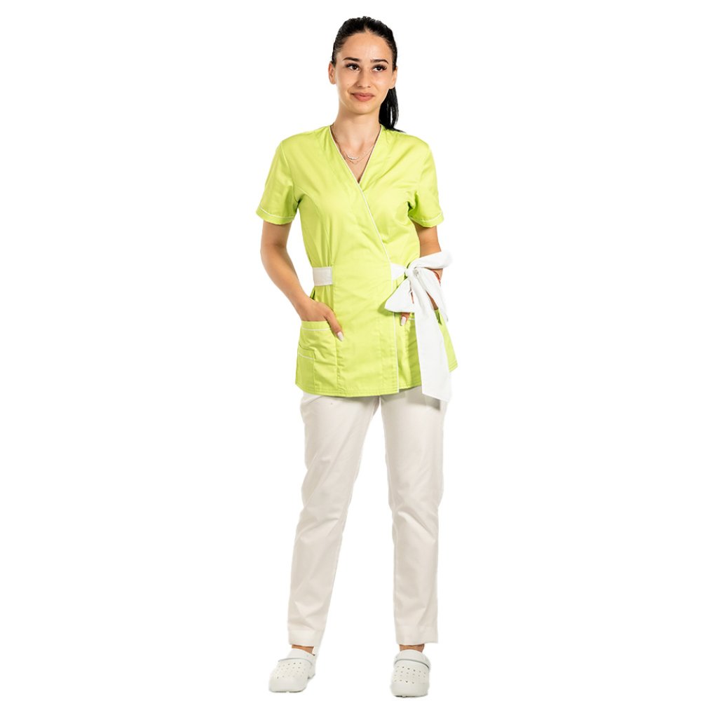 Lekárske kimono s bielym lemovaním, motýlikovou šnúrkou a elastickými nohavicami