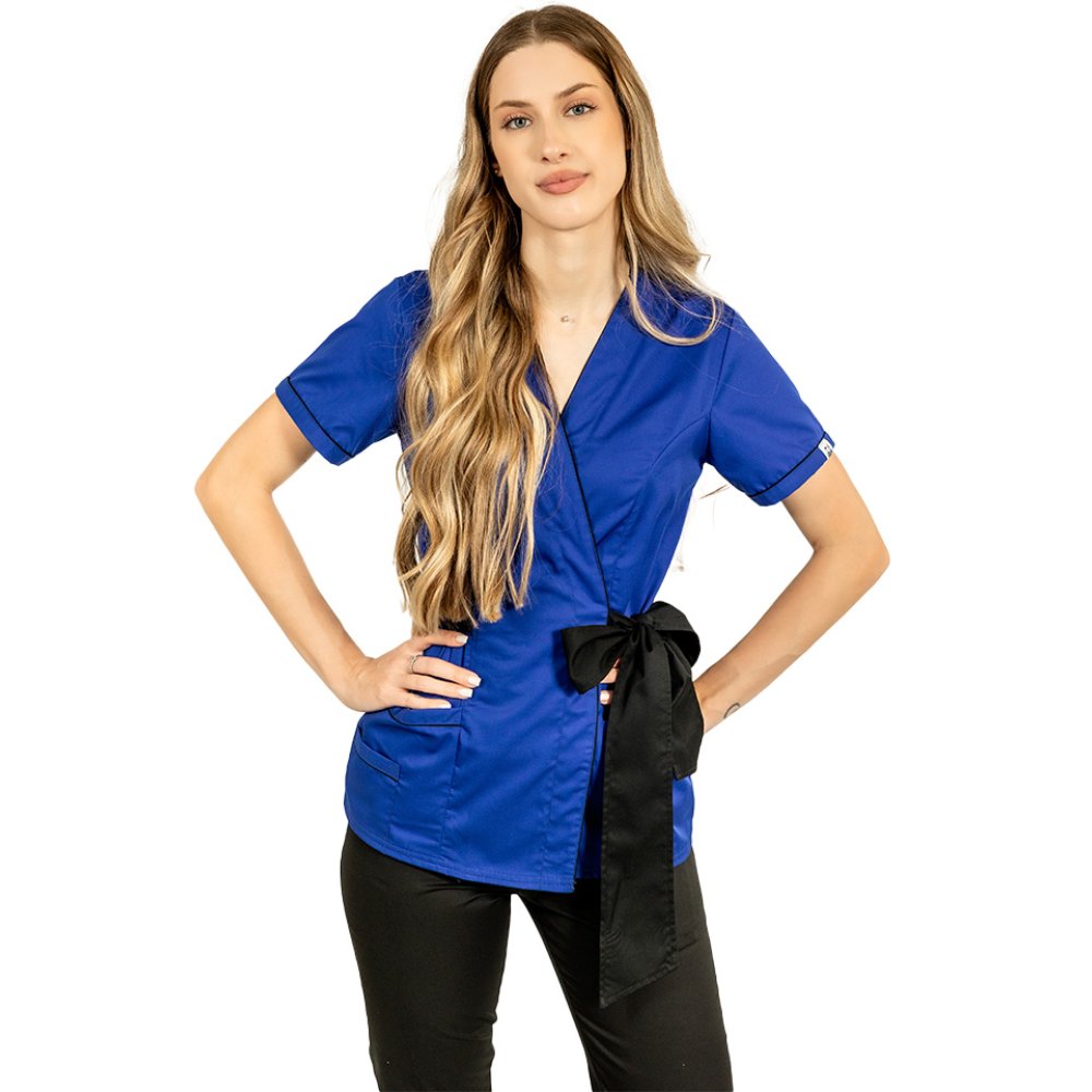 Modré kimono pre lekárov s čiernym lemovaním, motýlikom a elastickými nohavicami