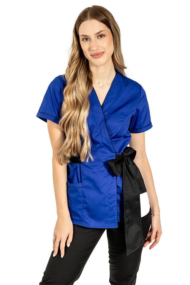 Modré kimono pre lekárov s čiernym lemovaním, motýlikom a elastickými nohavicami
