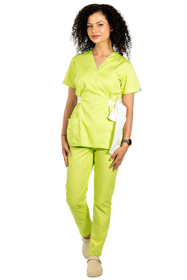 Lekárske kimono s bielym lemovaním, motýlikovou šnúrkou a elastickými nohavicami