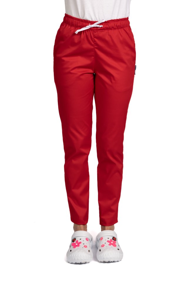 Červené zdravotné nohavice s gumou a dvoma bočnými vreckami