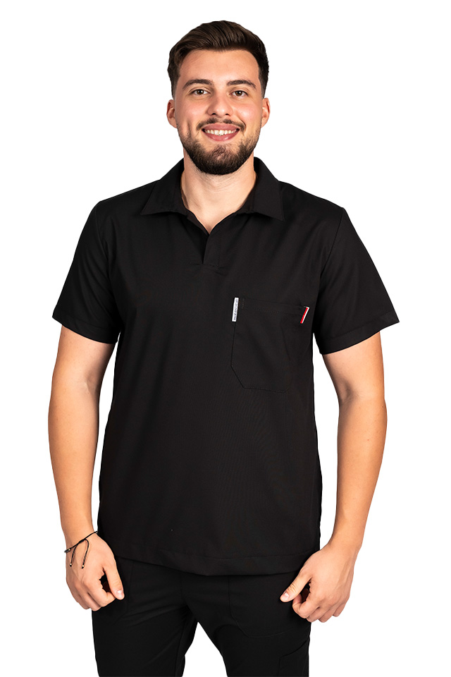 Pánsky čierny strečový polo oblek s lekárskym vzorom, blúzkou do V a teplákovými nohavicami, so sťahovacou šnúrkou a gumou