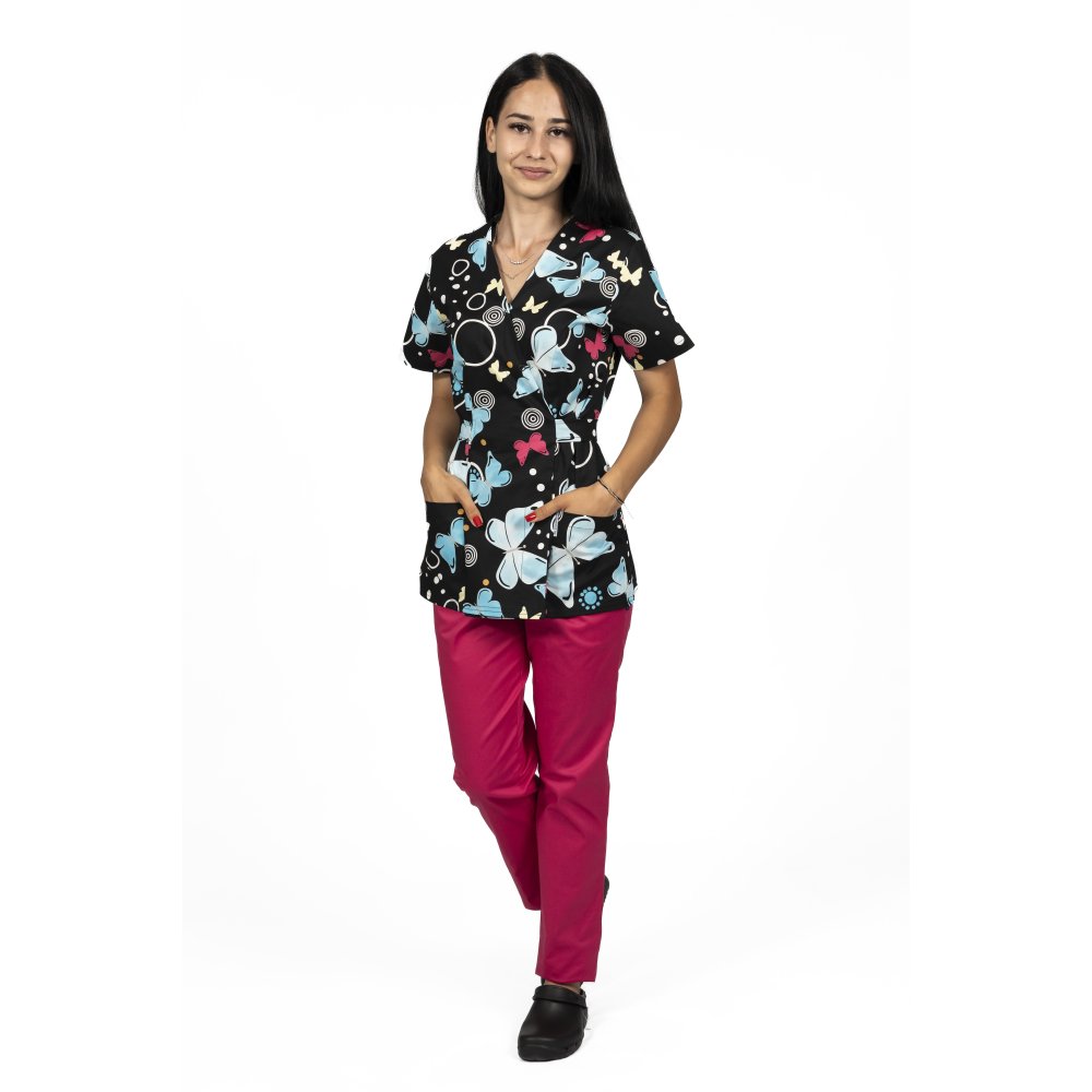 Lekárske kimono s čiernym motýľom a dvoma našitými vreckami 