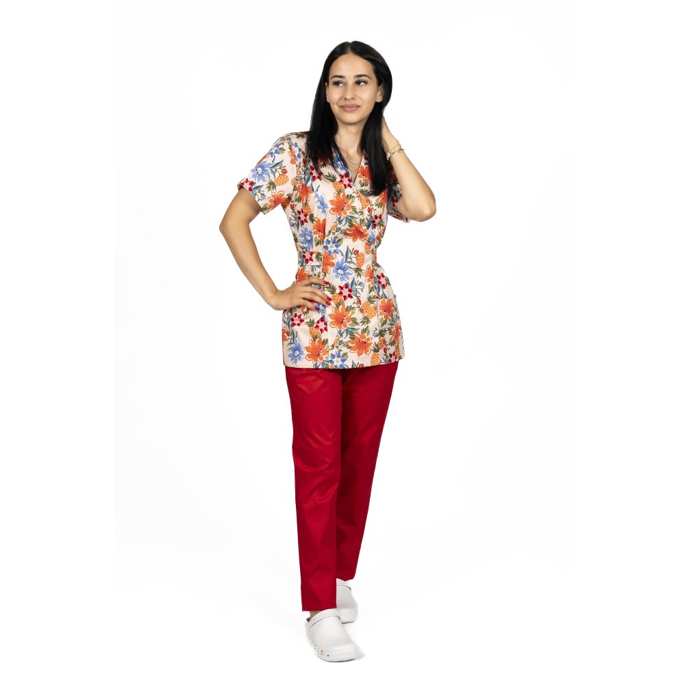 Lekárske kimono s kvetmi a dvoma našitými vreckami