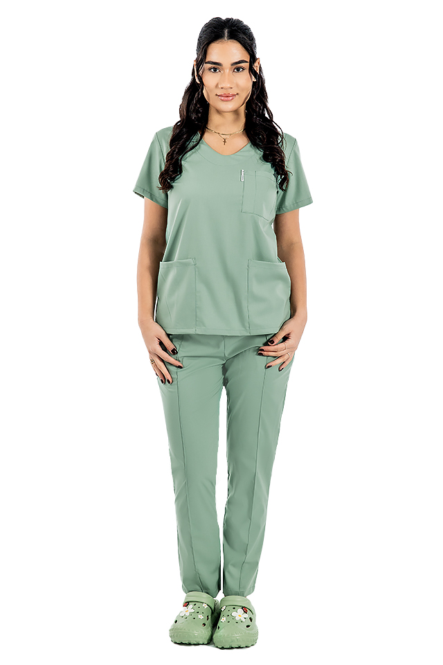 Olivovo-zelený elastický lekársky oblek s blúzkou do V, sťahovacou šnúrkou a elastickými nohavicami