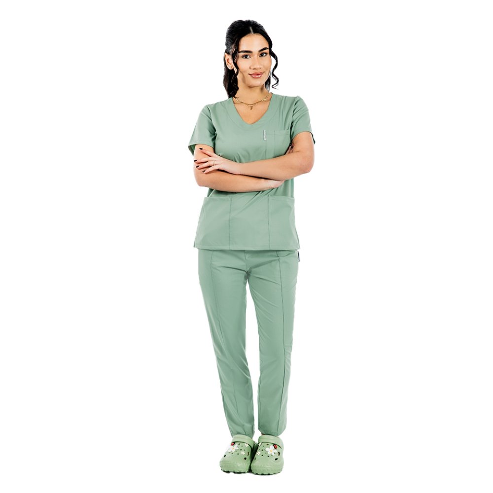 Olivovo-zelený elastický lekársky oblek s blúzkou do V, sťahovacou šnúrkou a elastickými nohavicami