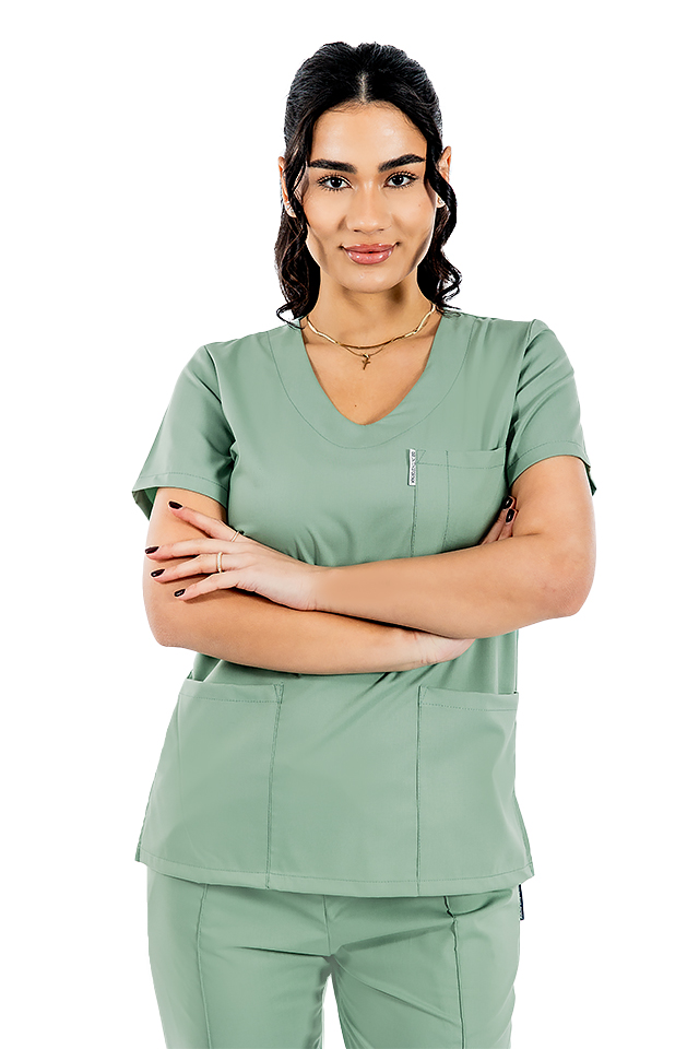 Olivovo-zelený elastický lekársky oblek s blúzkou do V, sťahovacou šnúrkou a elastickými nohavicami