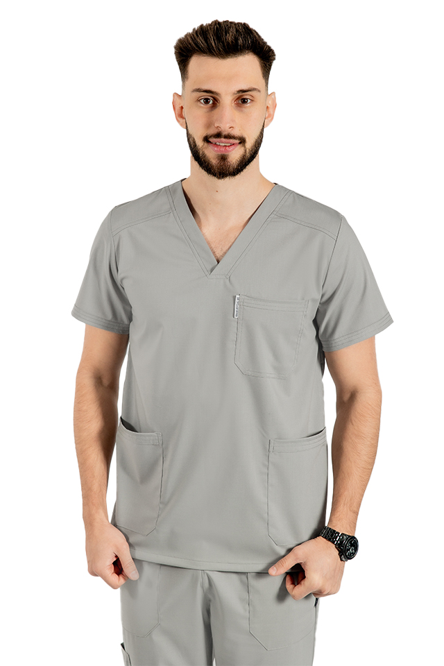Pánsky sivý elastický lekársky oblek s blúzkou do V, sťahovacou šnúrkou a elastickými nohavicami
