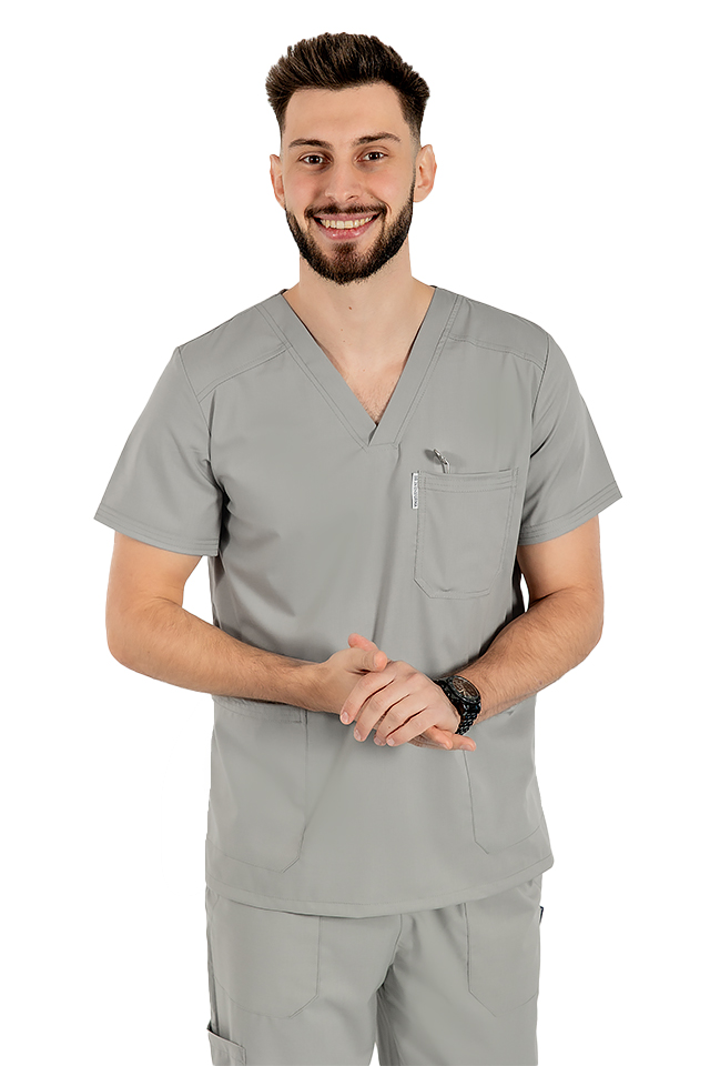 Pánsky sivý elastický lekársky oblek s blúzkou do V, sťahovacou šnúrkou a elastickými nohavicami