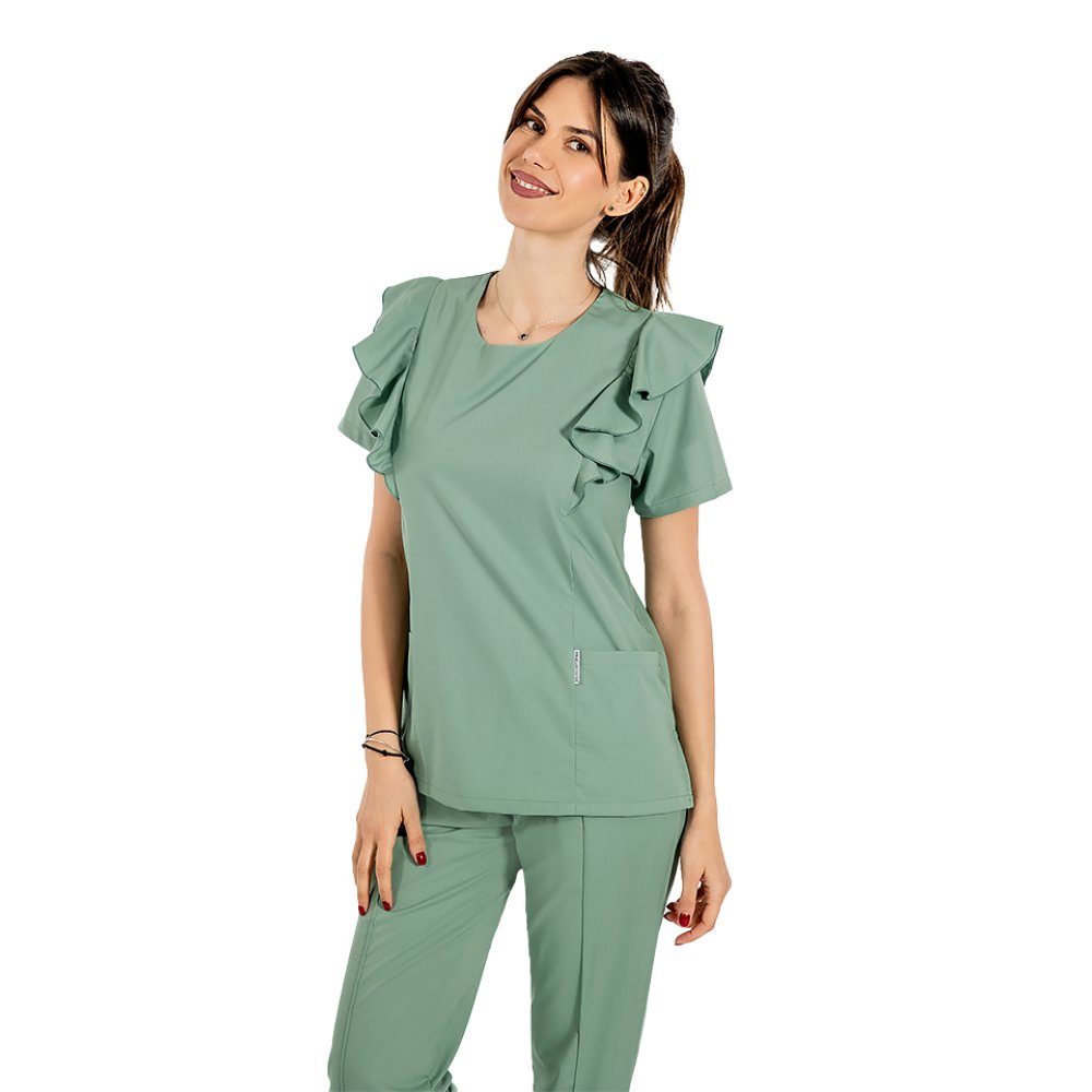 Strečový lekársky oblek Cristina, olivová farba, blúzka s volánikmi a nohavice so sťahovacou šnúrkou a gumičkou