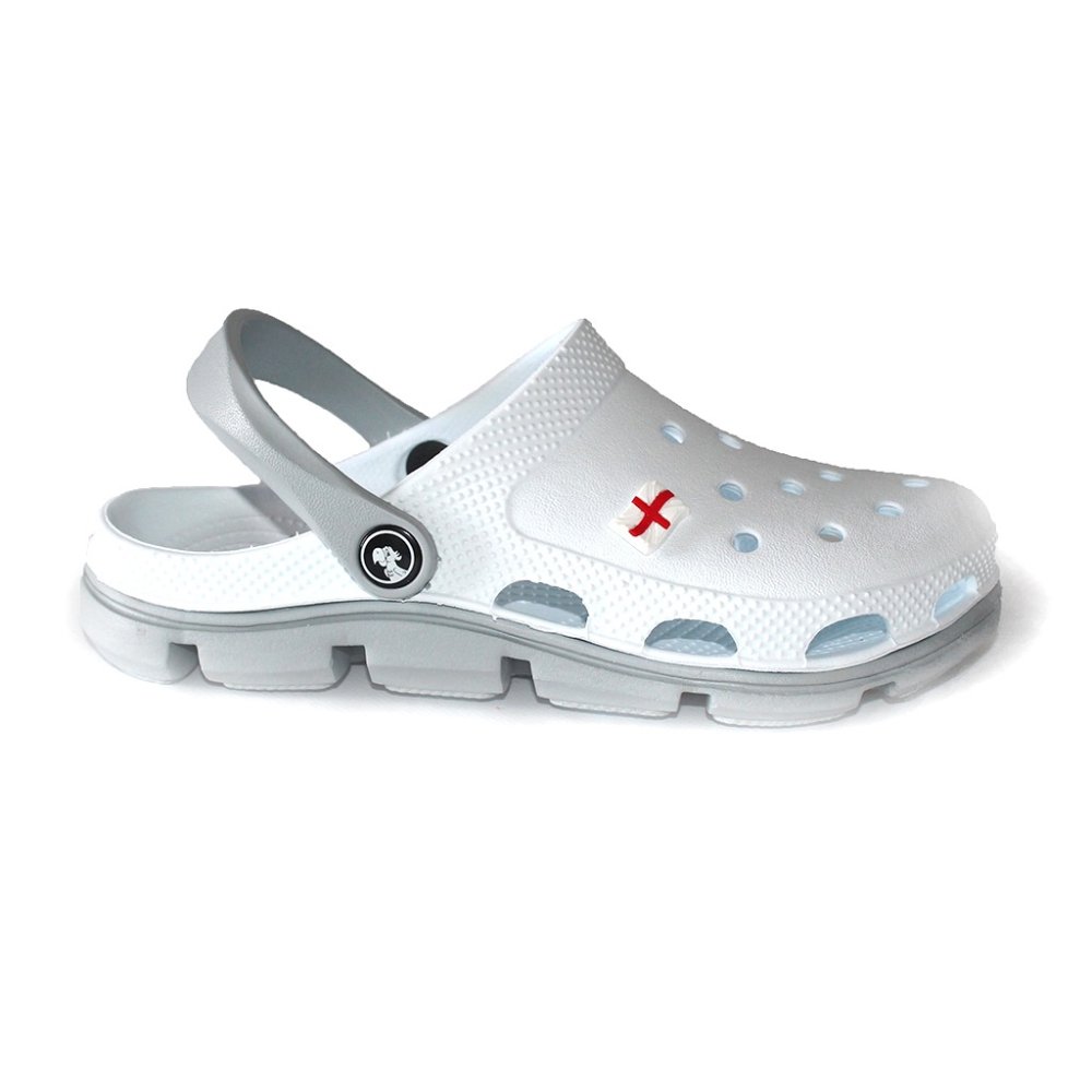 Biele a sivé profesionálne lekárske dreváky z EVA peny - unisex model, s aplikovanými detailmi