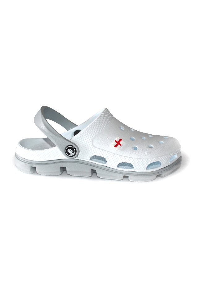 Biele a sivé profesionálne lekárske dreváky z EVA peny - unisex model, s aplikovanými detailmi