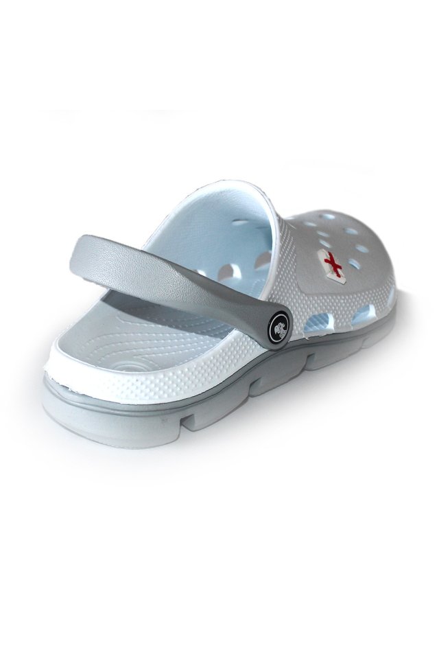 Biele a sivé profesionálne lekárske dreváky z EVA peny - unisex model, s aplikovanými detailmi