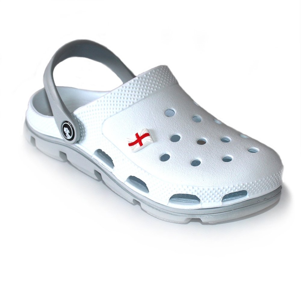 Biele a sivé profesionálne lekárske dreváky z EVA peny - unisex model, s aplikovanými detailmi