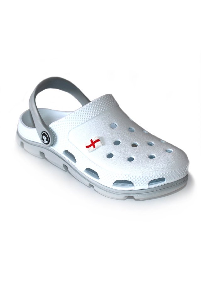 Biele a sivé profesionálne lekárske dreváky z EVA peny - unisex model, s aplikovanými detailmi