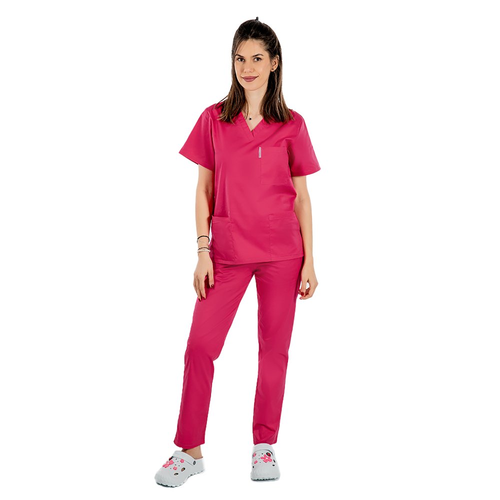 Cyklámenový lekársky plášť s kotvou v tvare V s tromi aplikovanými vreckami