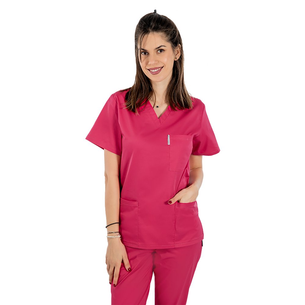 Cyklámenový lekársky plášť s kotvou v tvare V s tromi aplikovanými vreckami