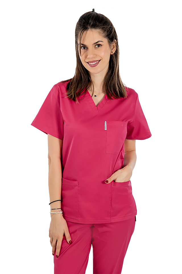 Cyklámenový lekársky plášť s kotvou v tvare V s tromi aplikovanými vreckami