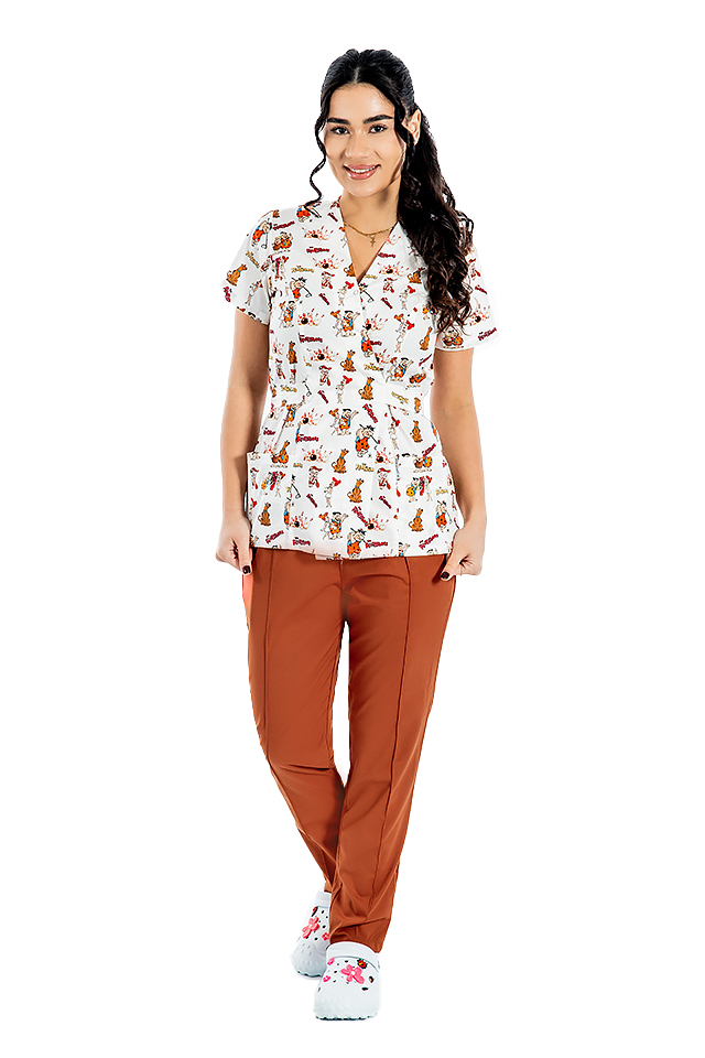 Flintstone stretch kimono lekársky oblek s blúzkou s potlačou a žltými strečovými nohavicami so šnúrkou a gumou