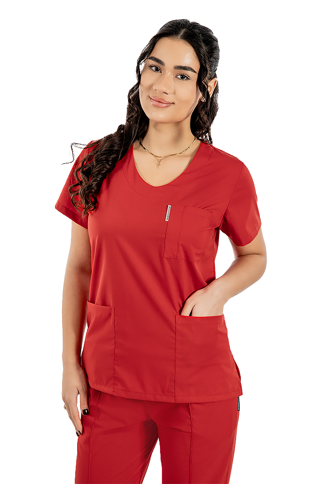 Červený elastický lekársky oblek s blúzkou s kotvou a nohavicami so sťahovacou šnúrkou a gumičkou