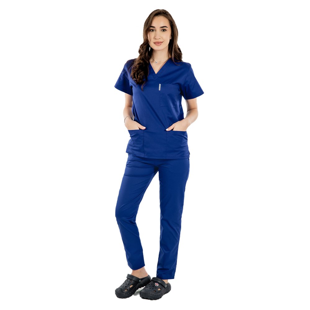 Modrý lekársky plášť s kotvou v tvare V a tromi našitými vreckami