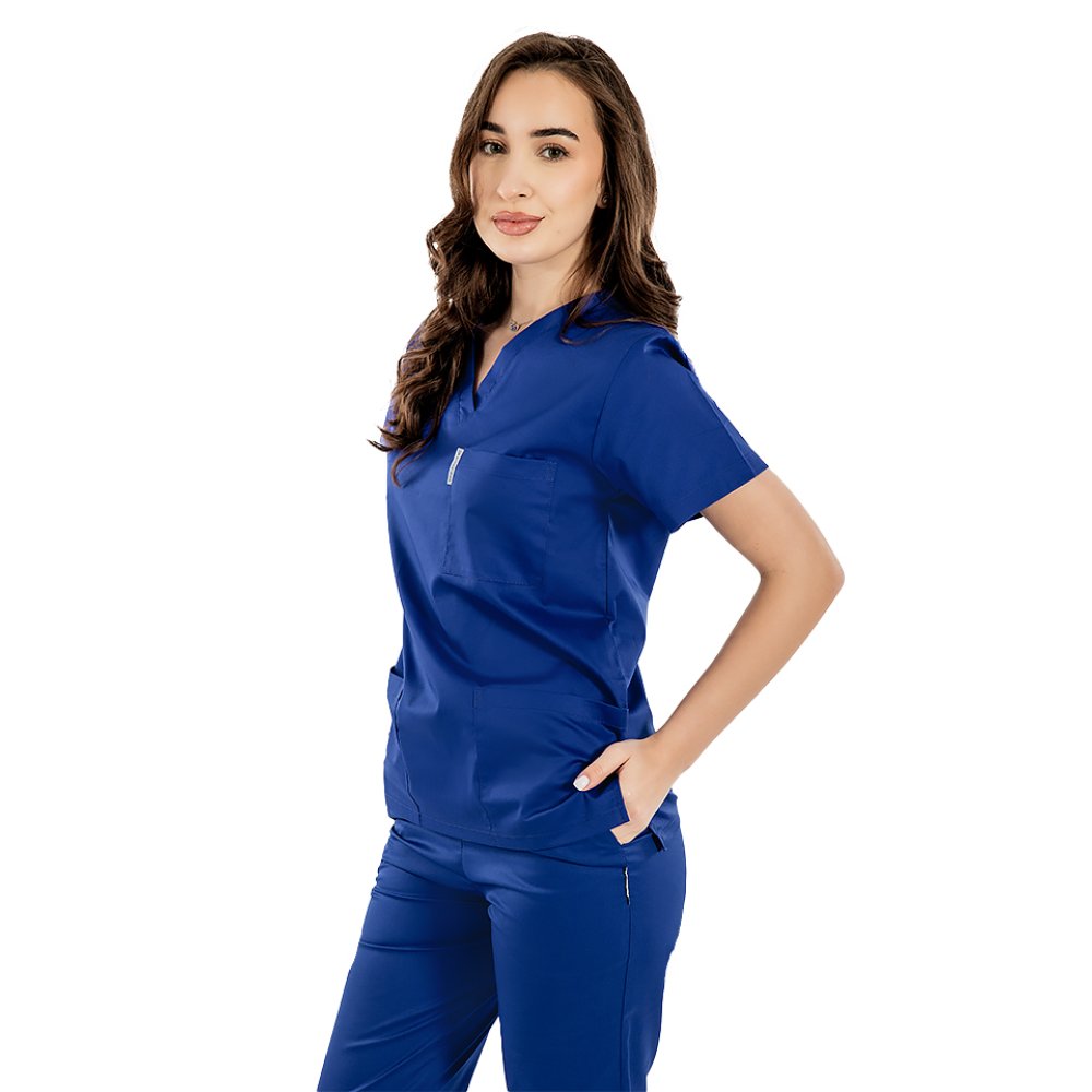 Modrý lekársky plášť s kotvou v tvare V a tromi našitými vreckami