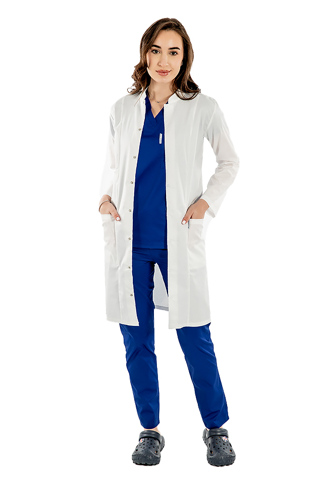 Biely lekársky plášť, unisex, s tunikovým golierom, tromi vreckami a dlhými rukávmi