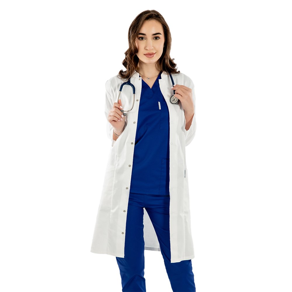 Biely lekársky plášť, unisex, s tunikovým golierom, tromi vreckami a dlhými rukávmi