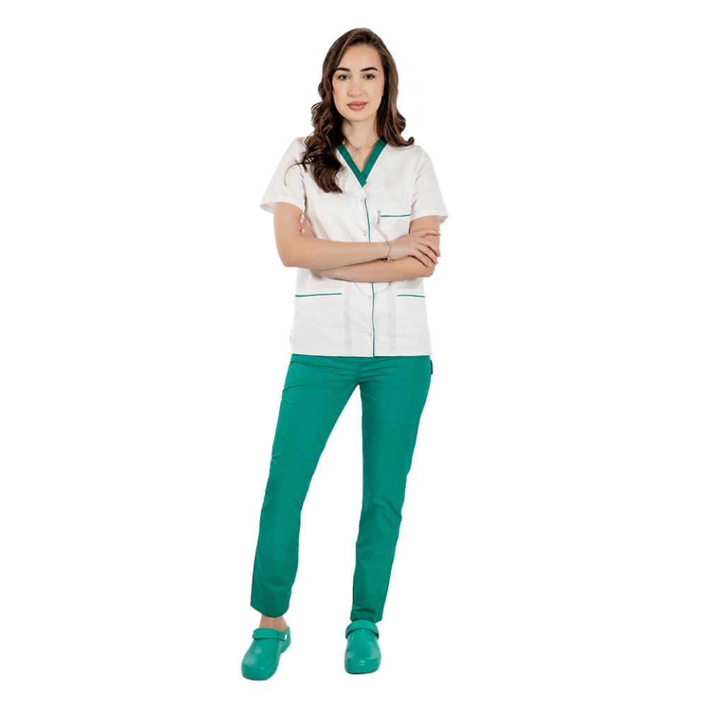 Biely elastanový lekársky plášť so zeleným lemovaním, cvočkami a tromi našitými vreckami