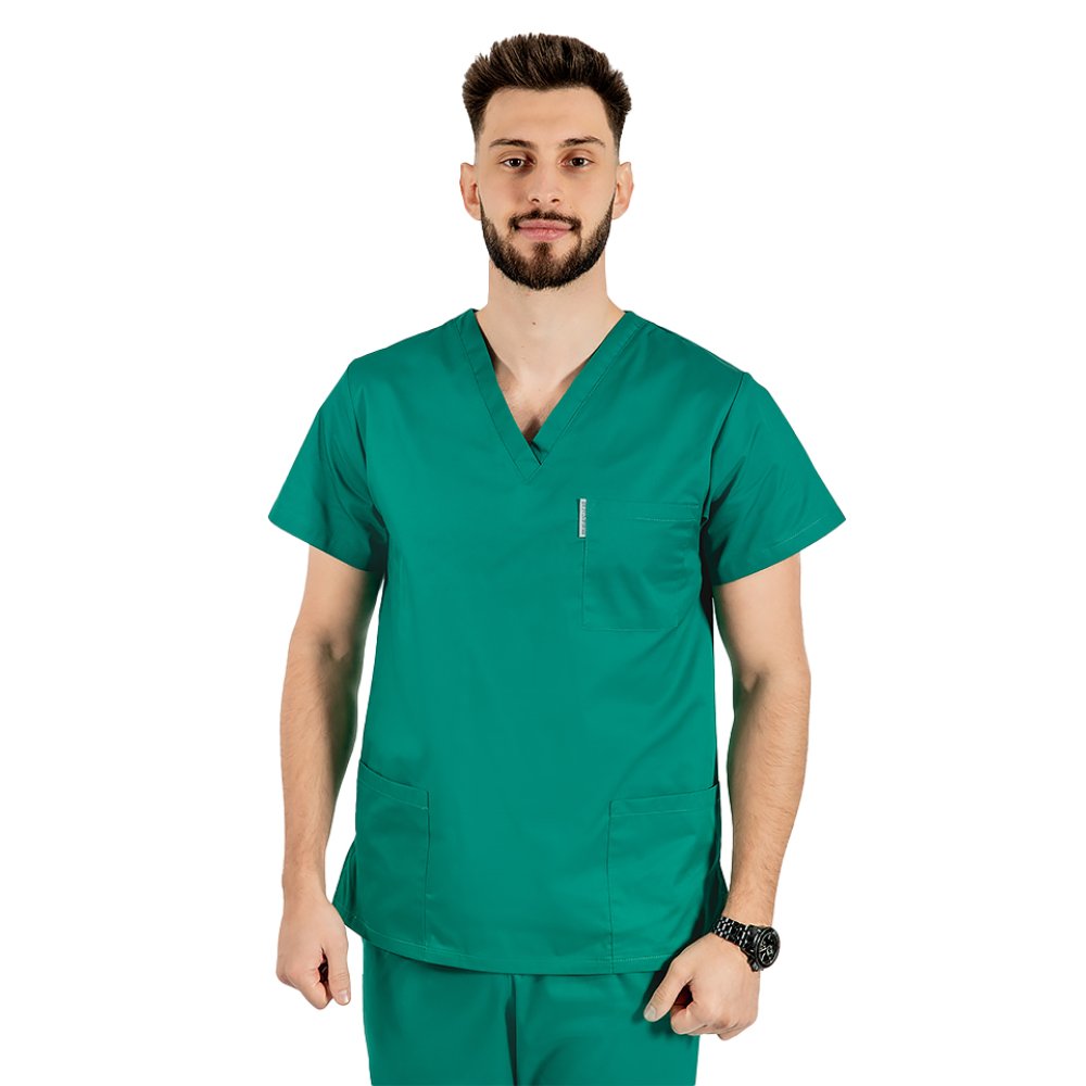 Zelený unisex chirurgický lekársky plášť s kotvou v tvare V s tromi vreckami