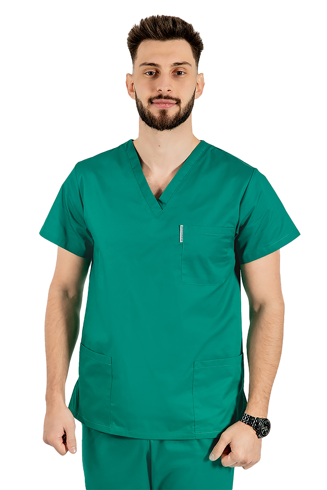Zelený unisex chirurgický lekársky plášť s kotvou v tvare V s tromi vreckami..