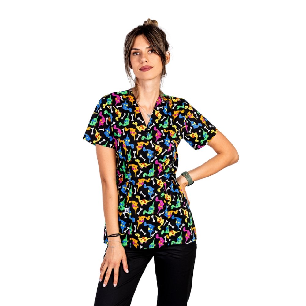 Dino kimono lekársky plášť s dvoma aplikovanými vreckami