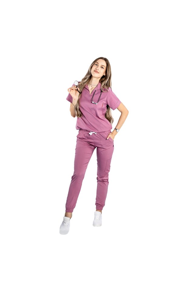 Púdrovo ružový strečový lekársky oblek na polo s blúzkou do V a nohavicami typu jogger so sťahovacou šnúrkou a gumou