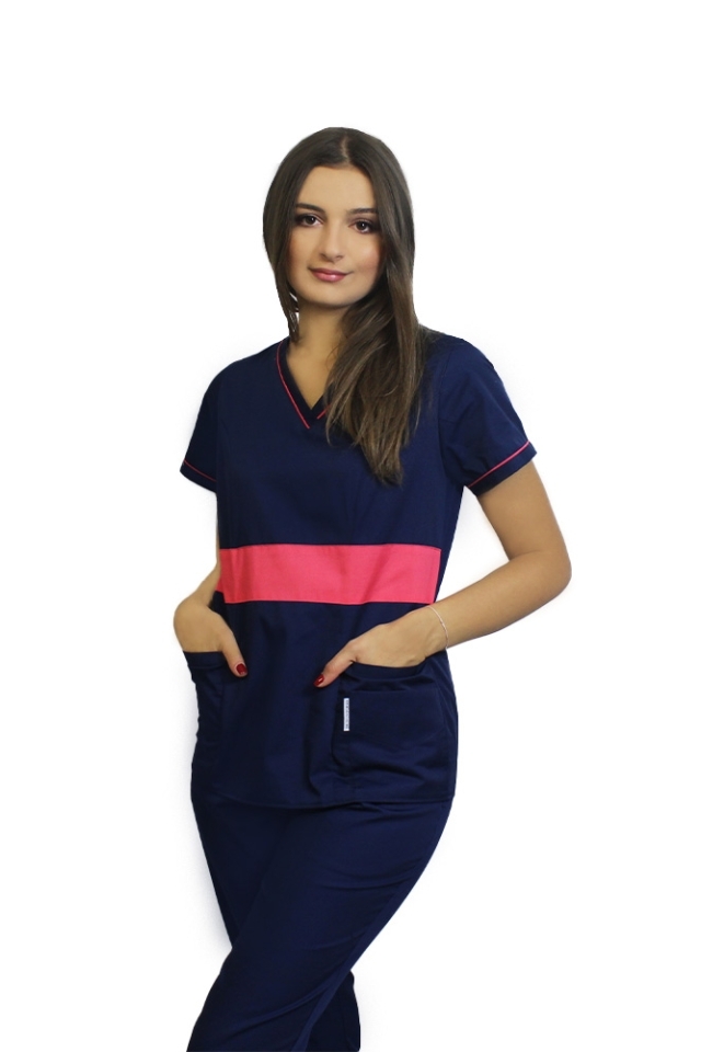 Námornícky modrý lekársky plášť s cyklámenom, model Sofia