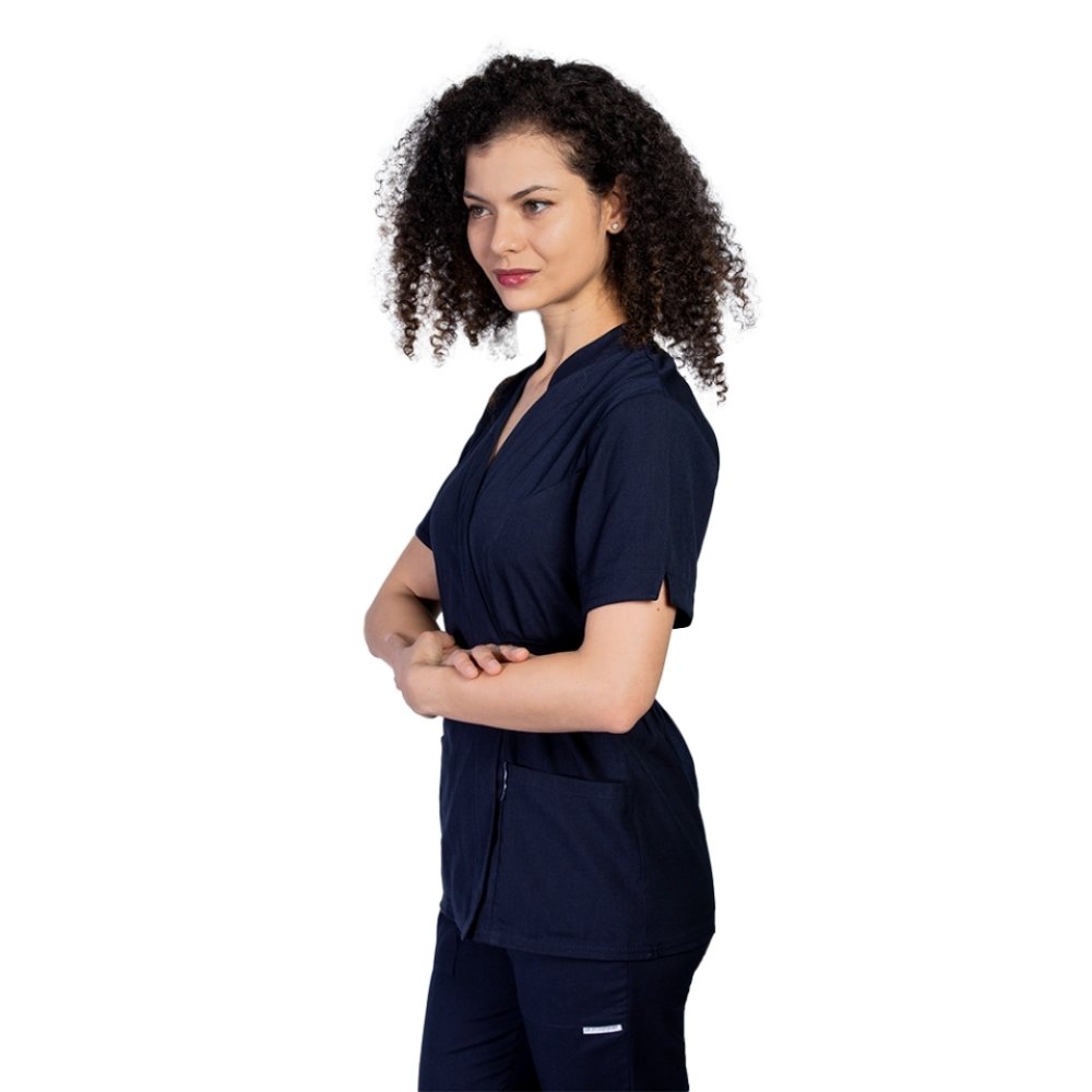 Námornícko modré elastické kimono lekárske šaty s dvoma našitými vreckami a tunikovým golierom