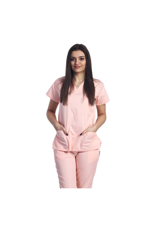 Broskyňový lekársky plášť s kotvou do V a tromi našitými vreckami