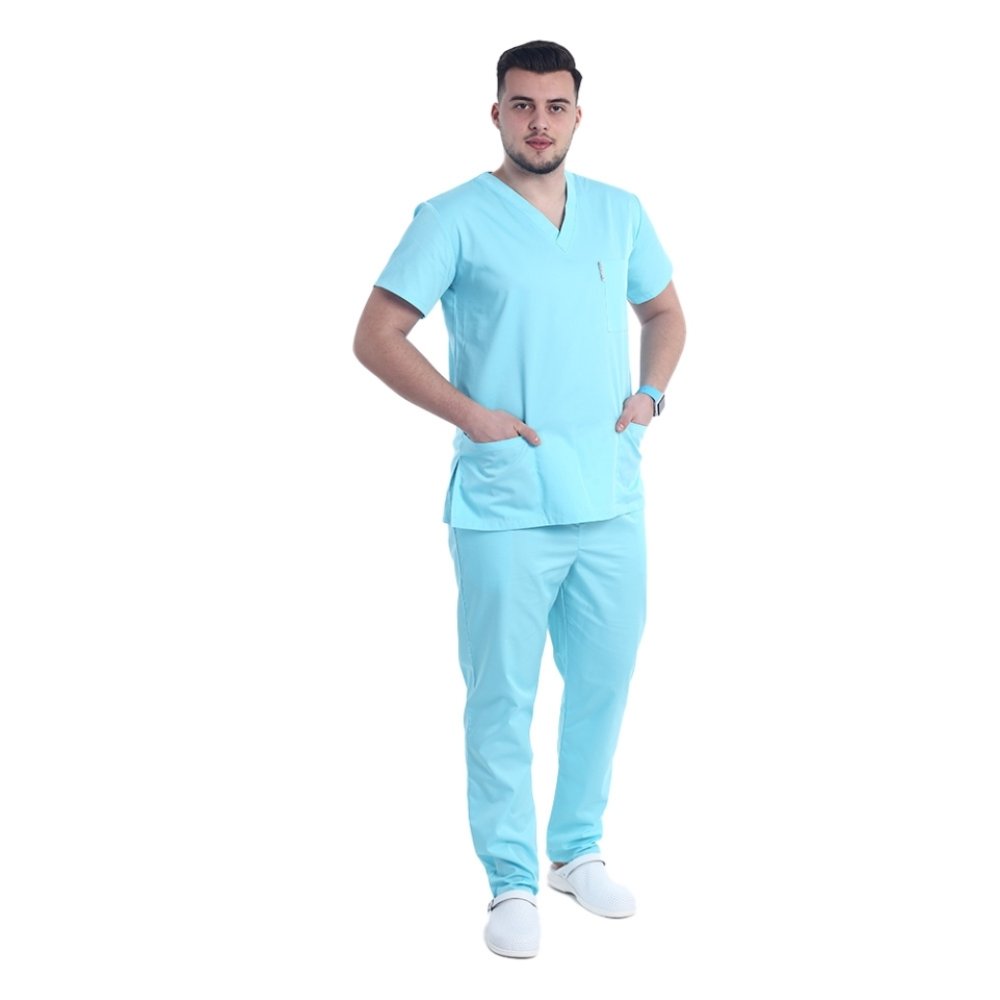 Pánsky lekársky oblek mätovej farby s elastanom, blúzkou do V a nohavicami so sťahovacou šnúrkou Pánsky lekársky oblek mätovej farby s elastanom, blúzkou do V a nohavicami so sťahovacou šnúrkou